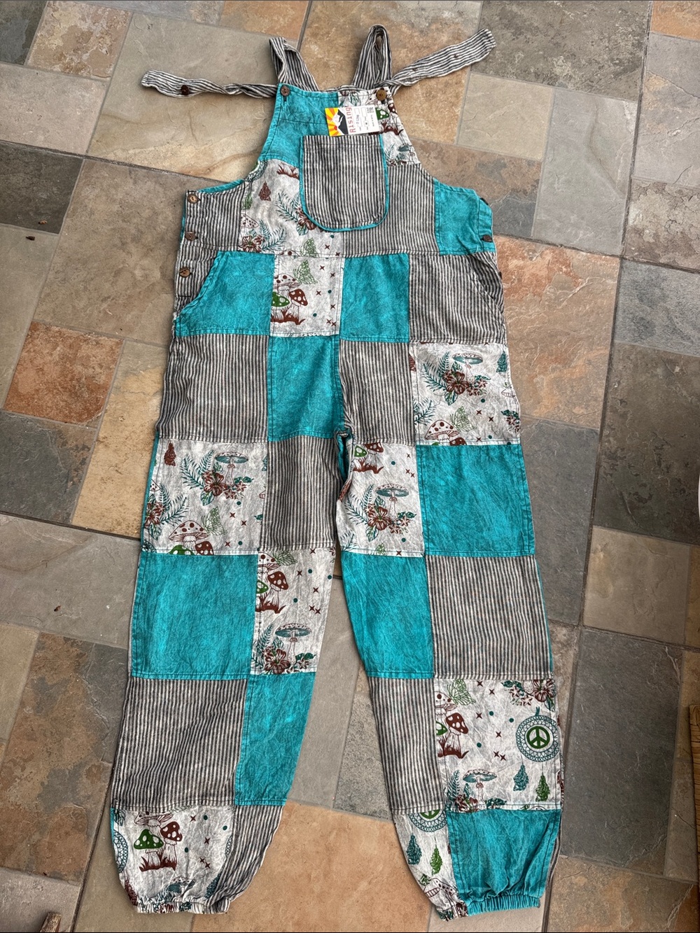 Rising International Teal Patchwork Striped Floral Overalls with Pocket